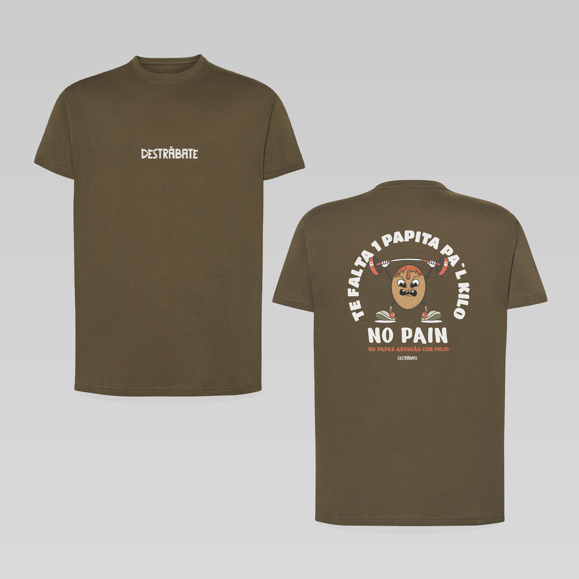 Camiseta corte regular verde militar ''No pain, no papas arrugás con mojo"