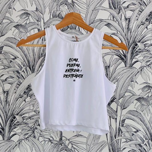 Top sin mangas Talla M BL ''Come, duerme, entrena y destrábate''