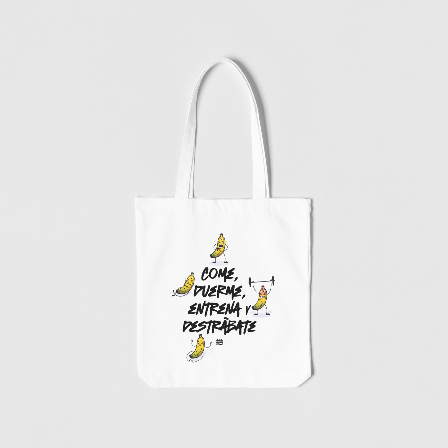 Totebag blanca ''Come, duerme, entrena, destrábate"