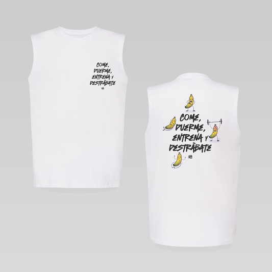 Camiseta regular BL sin manga "come, duerme, entrena, destrábate"