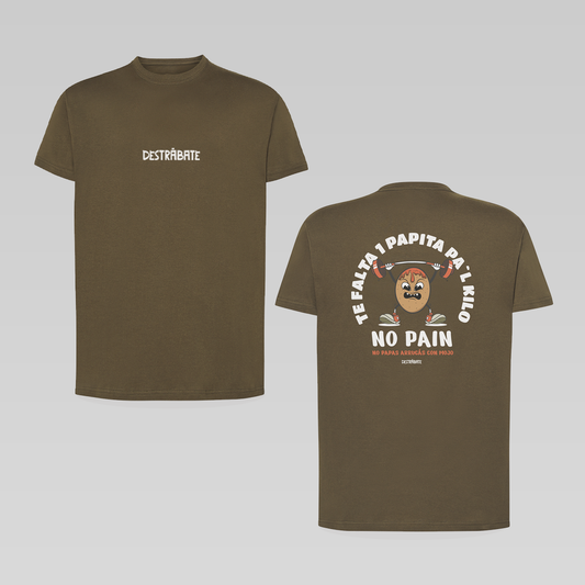 Camiseta corte regular verde militar ''No pain, no papas arrugás con mojo"